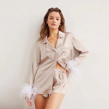 Pajamas For Women 2 Piece Set Feathers Long Sleeve Turn Down Collar Sleepwear