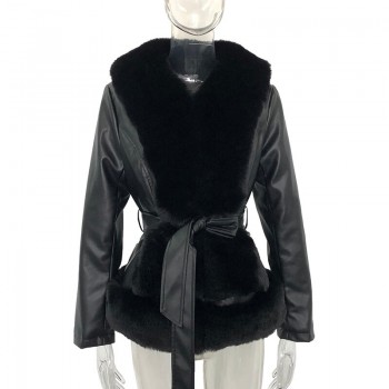Winter Faux Fur Collar Patchwork Jackets Women Fashion Solid Coats Women Elegant Tie Belt Jackets
