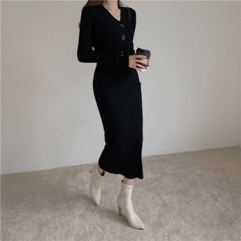 Tight-fitting Knitted Dress Female Evening Party Tunic V-neck Pullover Long Vintage