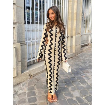 Knitted Maxi Dress Flare Long Sleeve Bodycon Dress for Women Elegant Sexy Cut Out Wave 