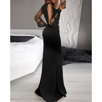 Long Sleeve Deep V-neck Sexy High Slit Ruffles Floor Skirts New Sequined Women Black