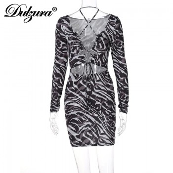 Zebra Print Women Lace Up Long Sleeve Mini Dress V Neck Hollow Out Cross Bodycon Halter 