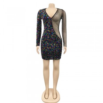Glitter Sequins Patchwork Sexy Dresses Party Night Club Dress Glam Long Sleeve 