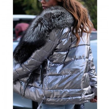 Women Solid Large Fur Collar Zipper Slim Coat Winter Fashion Lapel Bright Face Pocket Cotton Jacket Coat Silver Black