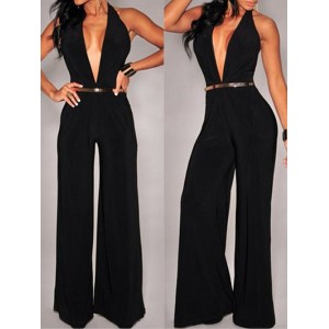 Alluring Plunging Neck Sleeveless Solid Color Loose-Fitting Jumpsuit For Women black