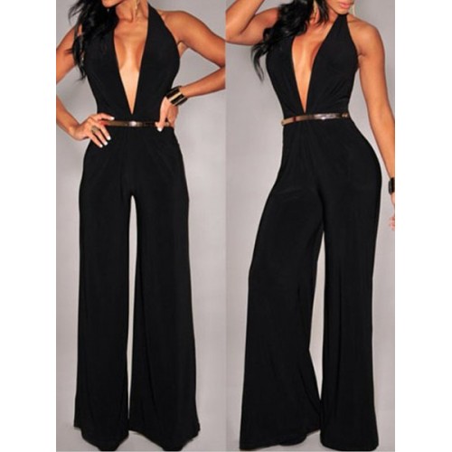 Alluring Plunging Neck Sleeveless Solid Color Loose-Fitting Jumpsuit ...