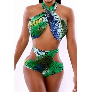 Fashionable Women's Halter Print High-Waisted Hollow Out Bikini Set green