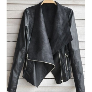 Fashionable Women's Turn-Down Collar Long Sleeve Zippered PU Leather Jacket apricot black