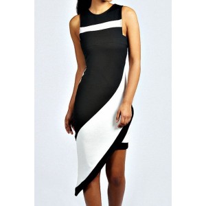 Jewel Neck Sleeveless Color Splicing Stylish Asymmetric Dress For Women black white
