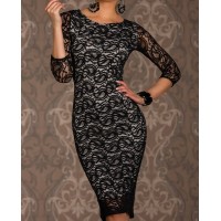 Laconic Scoop Neck 3/4 Sleeve Packet Buttock Lace Dress For Women black