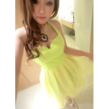 Sexy Halter Plunging Neck Solid Color Backless Voile Dress For Women rose yellow