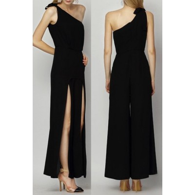Sexy One-Shoulder Sleeveless Solid Color Furcal Jumpsuit For Women ...