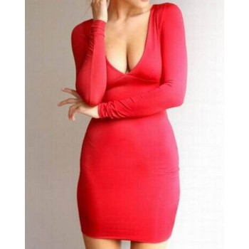 Sexy Plunging Neck Long Sleeve Solid Color Hollow Out Dress For Women blue red
