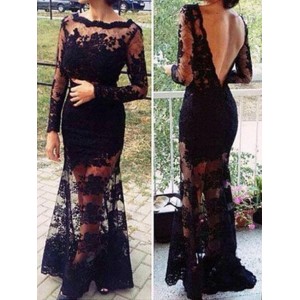 Sexy Round Collar Long Sleeve Backless See-Through Lace Dress For Women black