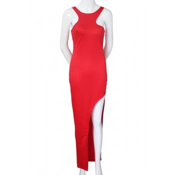 Sexy Round Neck Sleeveless Solid Color Asymmetrical Dress For Women red black
