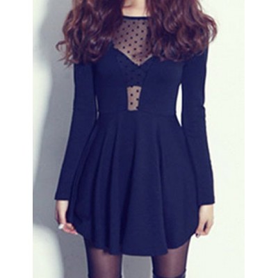 Sexy Scoop Neck Long Sleeve See-Through Backless Dress For Women black