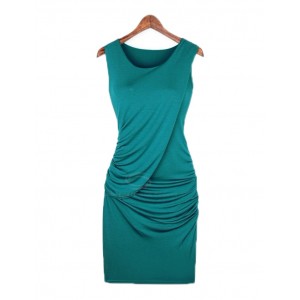 Sexy Scoop Neck Sleeveless Solid Color Draped Club Dress For Women blue khaki black