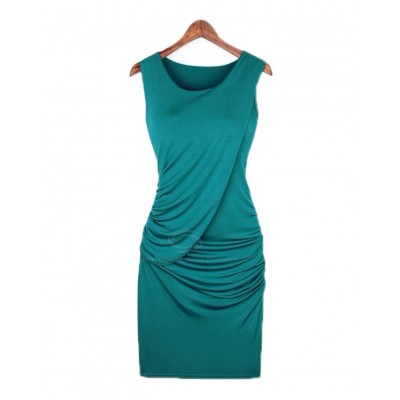 Sexy Scoop Neck Sleeveless Solid Color Draped Club Dress For Women blue ...