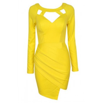 Stylish Scoop Neck Long Sleeve Solid Color Asymmetrical Dress For Women black yellow