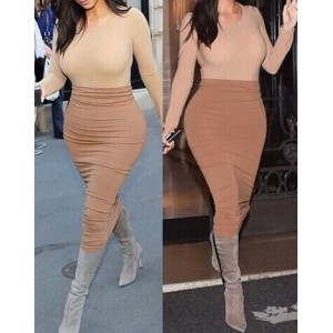 Stylish Scoop Neck Long Sleeve Solid Color T-Shirt + High-Waisted Skirt Twinset For Women