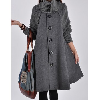 Stylish Turtle Neck Long Sleeve Spliced Button Design Coat For Women red black gray