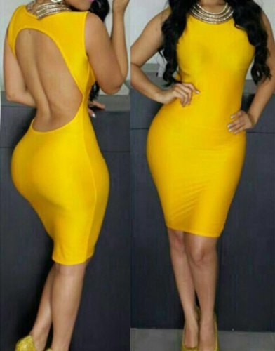Stylish Women s Jewel Neck Backless Yellow Bodycon Dress (Stylish Women ...