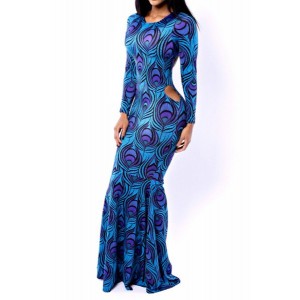 Sexy Round Neck Long Sleeve Printed Hollow Out Dress For Women blue