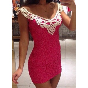 Sexy Scoop Collar Sleeveless Spliced Bodycon Lace Dress For Women pink