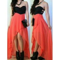 Sexy Strapless Sleeveless Color Block Hollow Out Asymmetrical Dress For Women orange