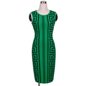 Sexy Women's Jewel Neck Sleeveless Printed Bodycon Dress green