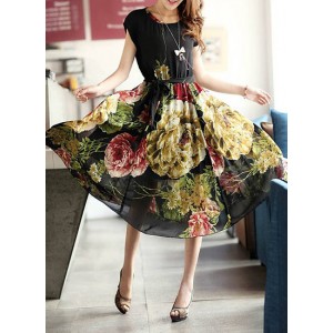 Stylish Flower Print Scoop Neck High Waist Short Sleeve Chiffon Dress For Women black