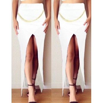 Stylish High-Waisted Chains Embellished Slit Skirt For Women black white