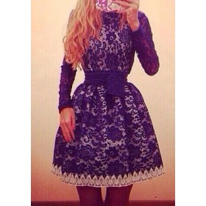 Vintage Round Neck Long Sleeve Spliced Lace Dress For Women blue