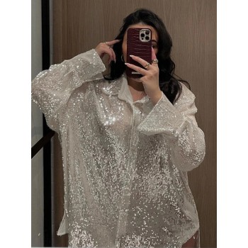 Long Sleeve Button-Up Shirt for Women's Club Party Sequins Blouse Silver
