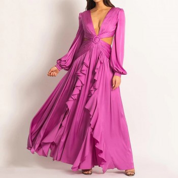 Woman Dress High Waist V-neck Women's Dress Pleated Solid Color Ruffled Dress