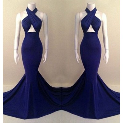 Alluring Halter Sleeveless Solid Color Criss-Cross Dress For Women blue