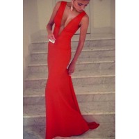 Alluring Plunging Neck Sleeveless Solid Color Slimming Dress For Women red blue black