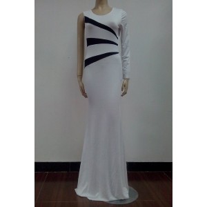 Alluring Round Collar Color Block Irregular Long Sleeve Dress For Women white