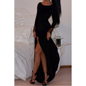 Alluring Scoop Neck Long Sleeve Solid Color High-Furcal Dress For Women black