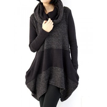 Casual Round Neck Long Sleeve Color Block Asymmetrical Sweater For Women plum black