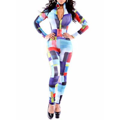 Colorful Block Splicing Skinny Sexy Plunging Neck Long Sleeve Women's Jumpsuits