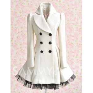 Double-breasted Beam Waist Voile Stitching Plicated Ruffles Long Edition Worsted Color Matching Coat For Women white
