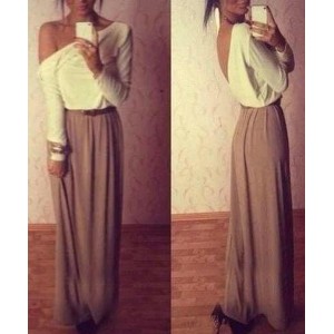 Ladylike One-Shoulder Long Sleeve Color Block Chiffon Backless Dress For Women white gray