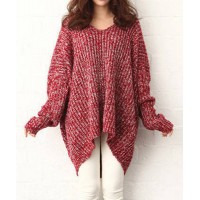 Plus Size Irregular Hem Color Block Long Sleeve V-Neck Pullover Sweater For Women red black