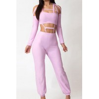 Sexy Women's Halterneck Long Sleeve Hollow Out Jumpsuit pink