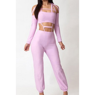 Sexy Women s Halterneck Long Sleeve Hollow Out Jumpsuit pink (Sexy ...