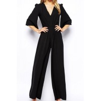 Solid Color Boot Cut Stylish Plunging Neck Half Sleeve Women's Jumpsuits black