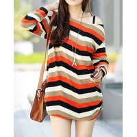 Stylish Long Sleeve Scoop Neck Striped Color Block T-Shirt For Women orange
