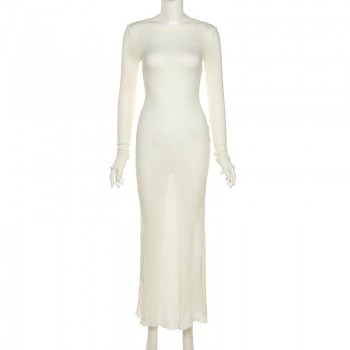 Knitted Bodycon Dress Fairy Grunge Casual Fashion Streetwear Women Autumn Y2K Solid O-neck Long Sleeve Maxi Dress