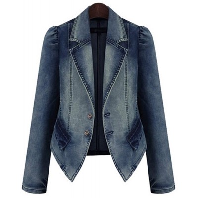 Lapel Collar Long Sleeves Buttons Stylish Denim Jacket For Women blue